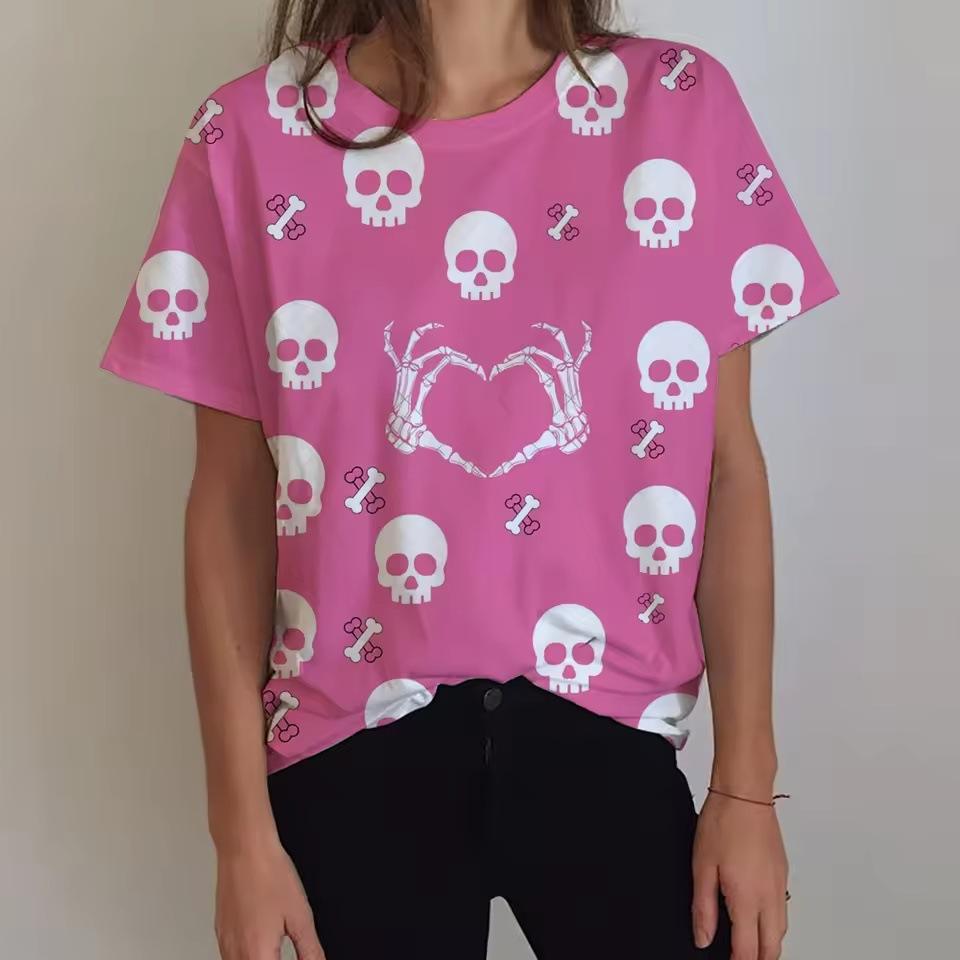 

Летний топ с круглым вырезом и милым принтом скелета 3D, модные повседневные женские футболки с короткими рукавами 6XL