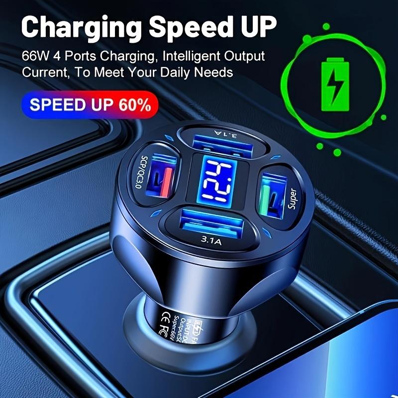 66W 4 Port USB Car Charger Adapter with LED Voltage Display Fast Charging for 12-24V Vehicles