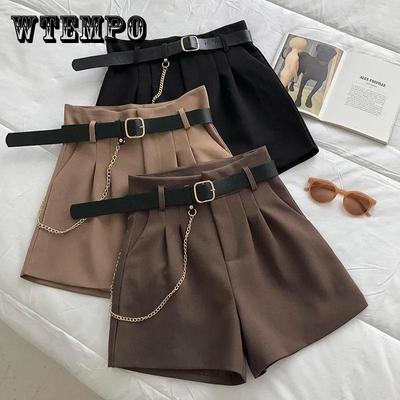 Women Shorts Spring Summer Large Size Solid Color Short Pants Office Ladies Mid Waist Loose A-line Chain Shorts with Belt Suit Shorts