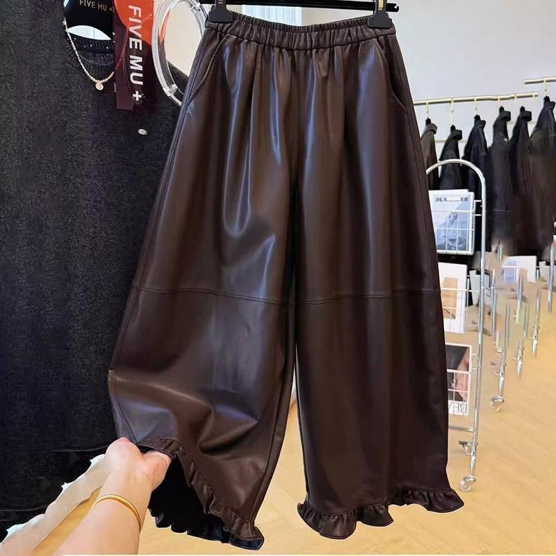 Leather Pants for Women Elastic High Waist Long Trousers Plus Size Thickened Stretchy Solid Colour Versatile Casual Wide Leg Pants