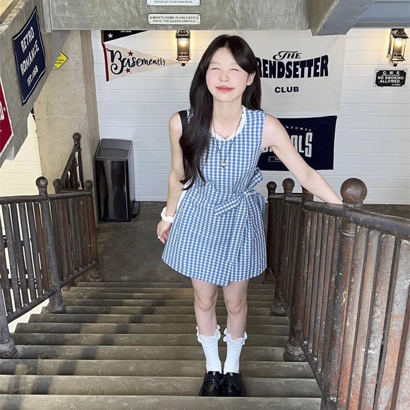 French Blue and White Plaid Lace-up Vest Dress Women's Summer New Temperament Casual Versatile Sleeveless Short Skirt