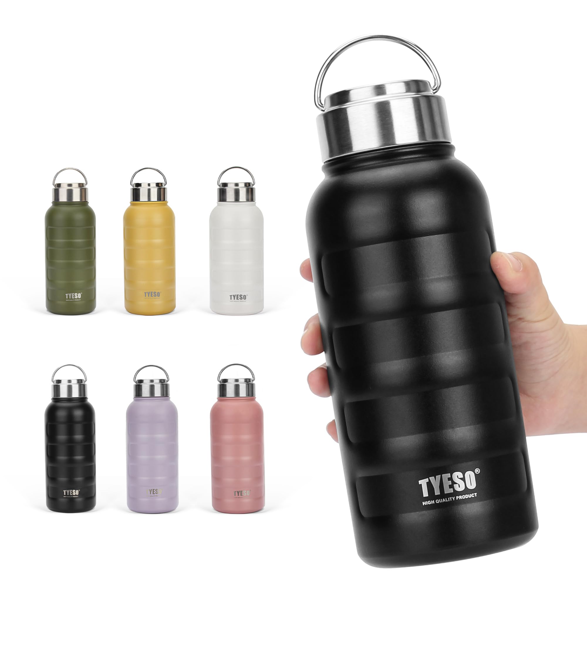 

TYESO Vacuum Insulated Sports Water Stainless Wide with Liter Bottle, Steel, Double-Walled, Mouth, Handle, 0.75/1 (750ml, Black) чёрный