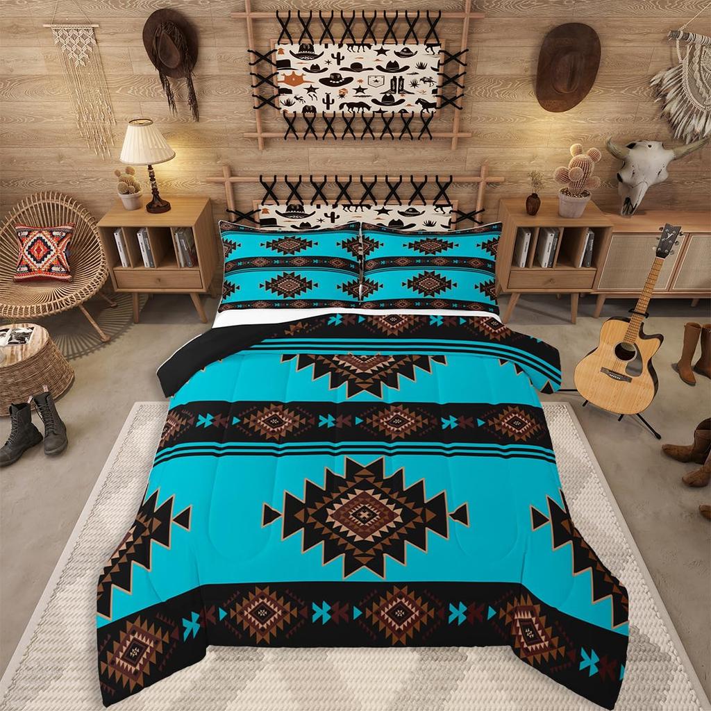 Erosebridal Western Aztec Comforter Set King Size, Boho Farmhouse Bedding Set for Kids Boys Teens Ethnic Southwest Bull Skull Cow Quilt Amer