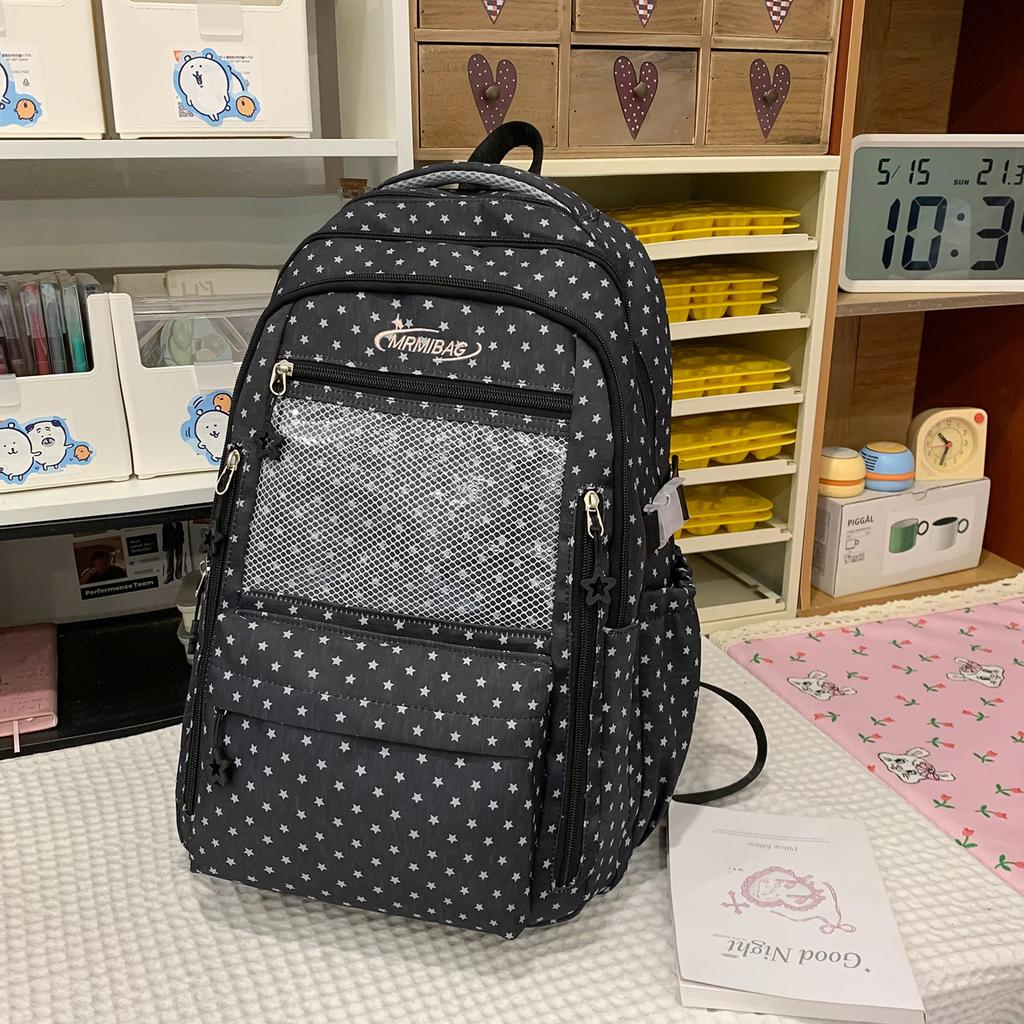 Star Print School Backpack with Front Mesh Pocket Top Handle Adjustable Straps Casual Daypack for Teen Girls