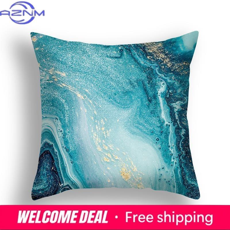 Blue Marble Cushion Cover 45X45Cm Sea Rock Pattern Sofa Pillow Square Abstract Leaf
