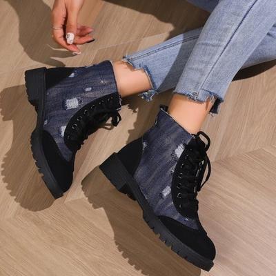Boots Large Round Head Thick Front Lace Splicing Women's Short Boots