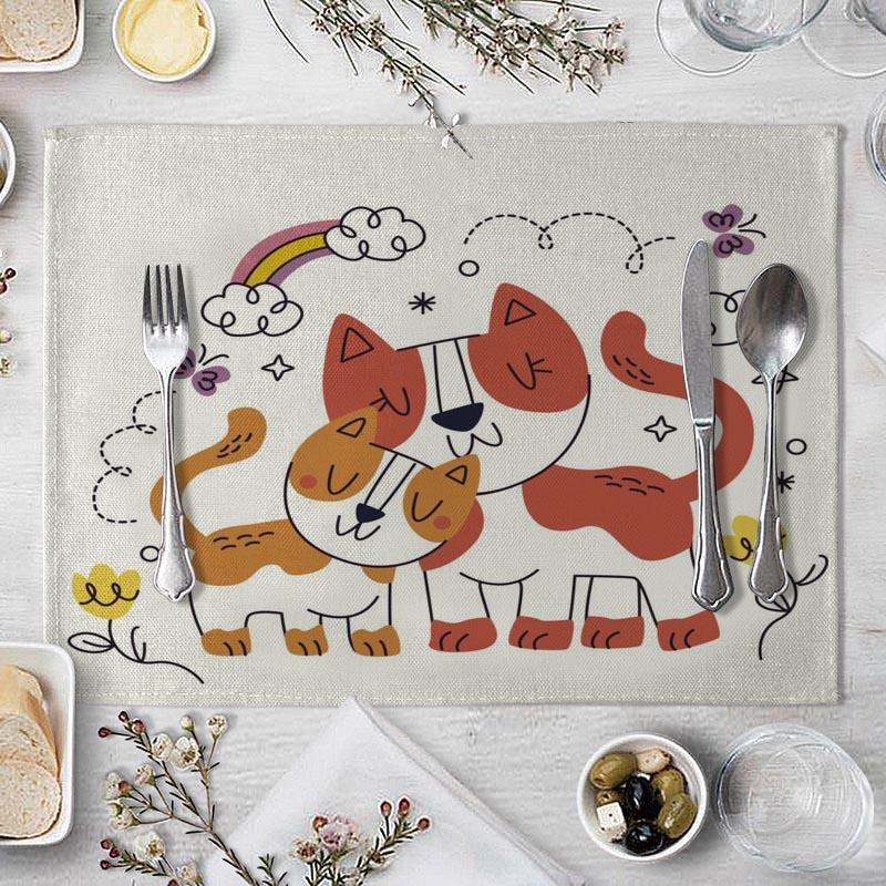 Cotton Linen Fabric Table Mats Children's Cute Animal Style Pattern 01 Placemat Family Dinner Tableware Kitchen Table Mat