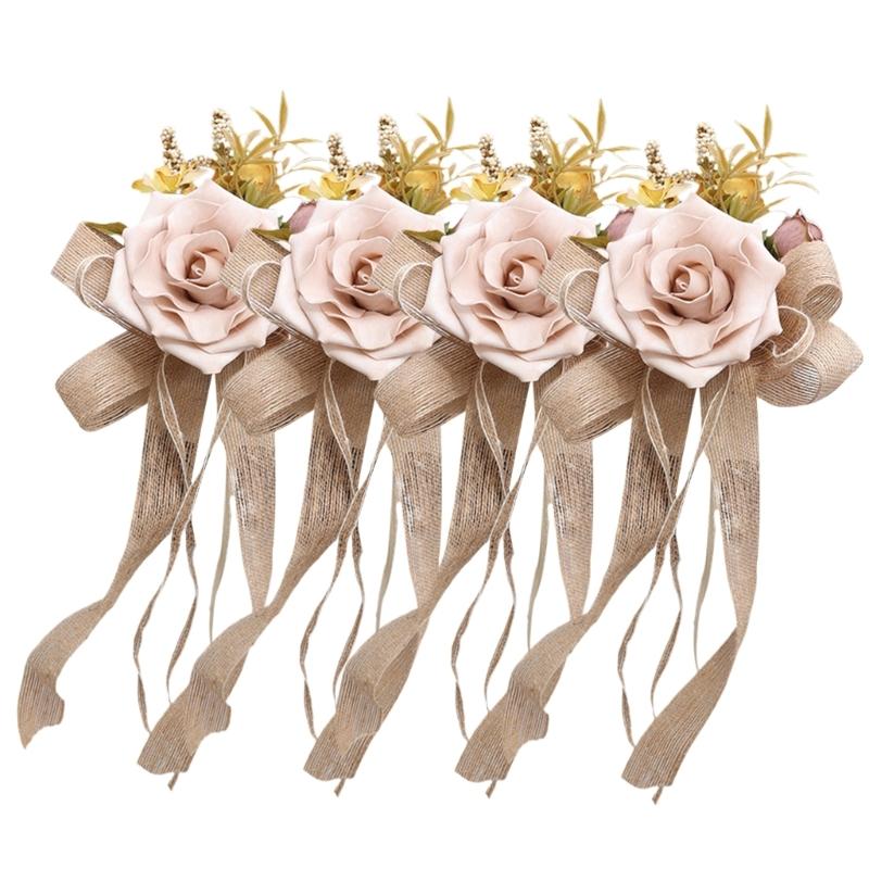 4 Stück Seidenblumen mit Schleife, Autodekoration, Hochzeitsfeier, Autogläser, Verzierungen mit Seidenblumen für den Festival-Look