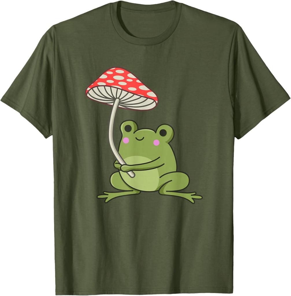 Frog Holding Mushroom Aesthetic Cottagecore Mycology Lover Graphic Tee Casual Trip T-Shirt