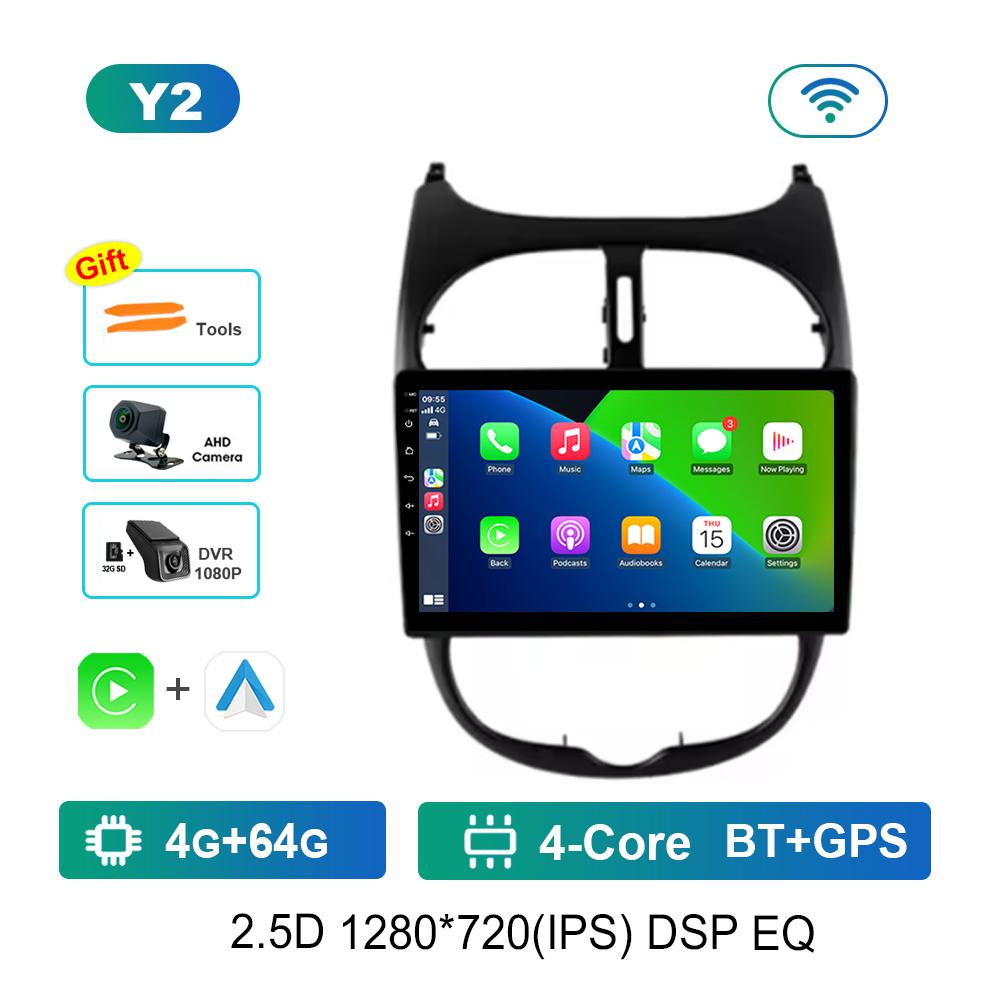 9 Inch Navigation GPS 4G Carplay for Peugeot 206 2001 - 2016 Android OS Car Video Multimedia Player BT QLED Touch Screen WiFi