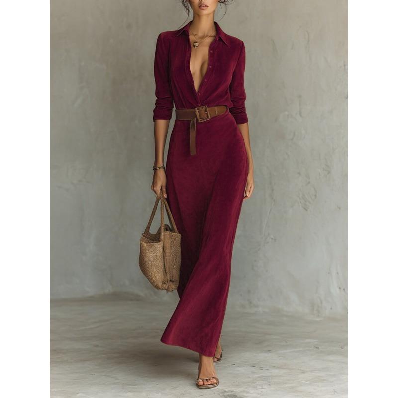 Rochie Fitted cu Guler Lung de Cămașă și Talie Marcată din Piele Suede pentru Femei