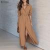 ZANZEA Autumn Spring Women Lapel Collar Belted High Waist Split Long Sleeve Casual Maxi Dress