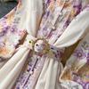 Abiti Lunghi da Festa Donna Primavera Autunno Vintage Stampa Floreale Rosa da Sfilata Manica Lunga Monopetto con Cintura