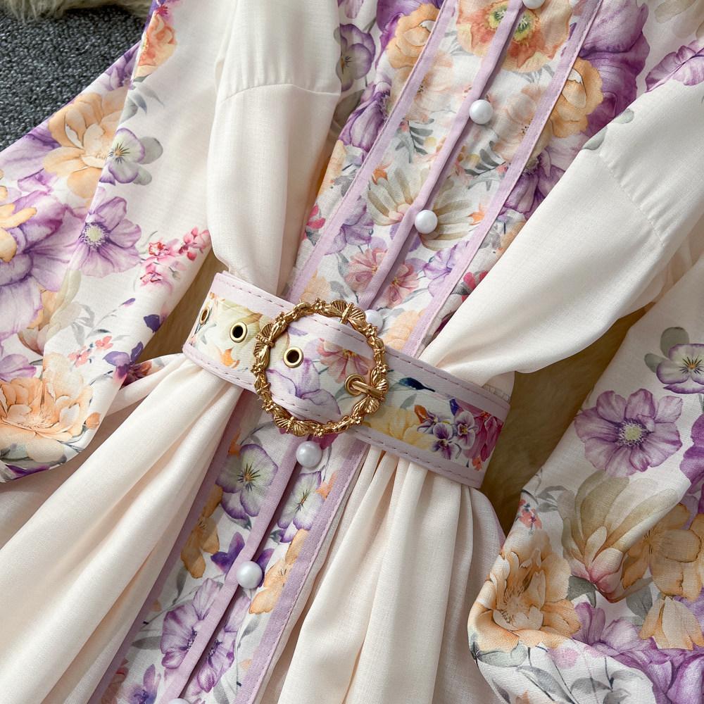 Abiti Lunghi da Festa Donna Primavera Autunno Vintage Stampa Floreale Rosa da Sfilata Manica Lunga Monopetto con Cintura
