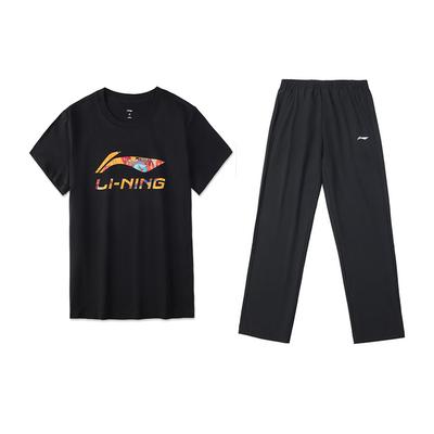 Li Ning Printed Comfortable Versatile Short Sleeve Casual Sports Suit Men Suit Black AHSU837-1+AYKU703-1