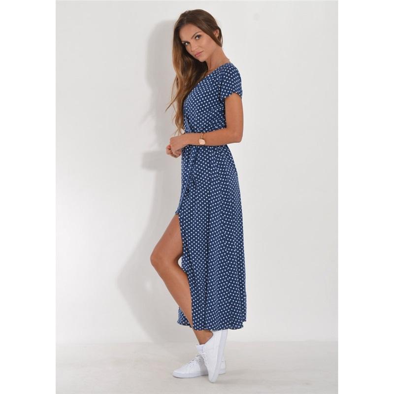 Holiday Polka Dot Print Strap Waist V-neck Mid-length Short-sleeved Dress