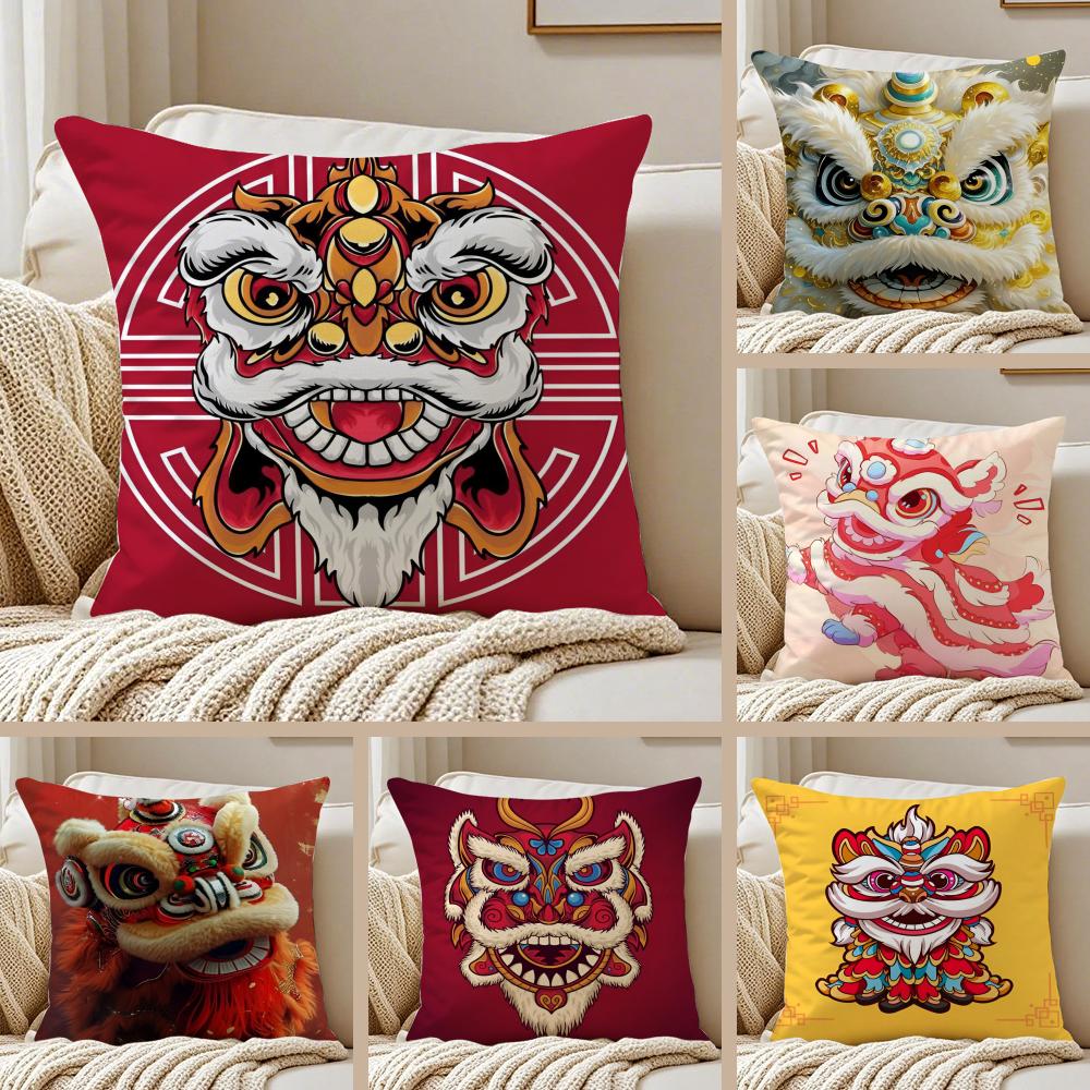 Traditional Dancing Lion Anime Lucky Cushion Cover Pillowcase Antidustmite Invisible Zipper Short Plush Sofa Cushion