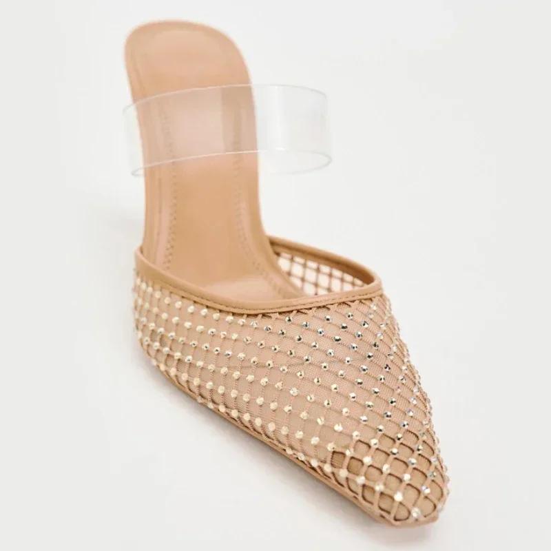 Fashion Crystal Mesh Breathable Thin High Heel Slippers Women Sexy Pointed Toe Slingback Slide Sandal Elegant Designer Party Dress Pumps