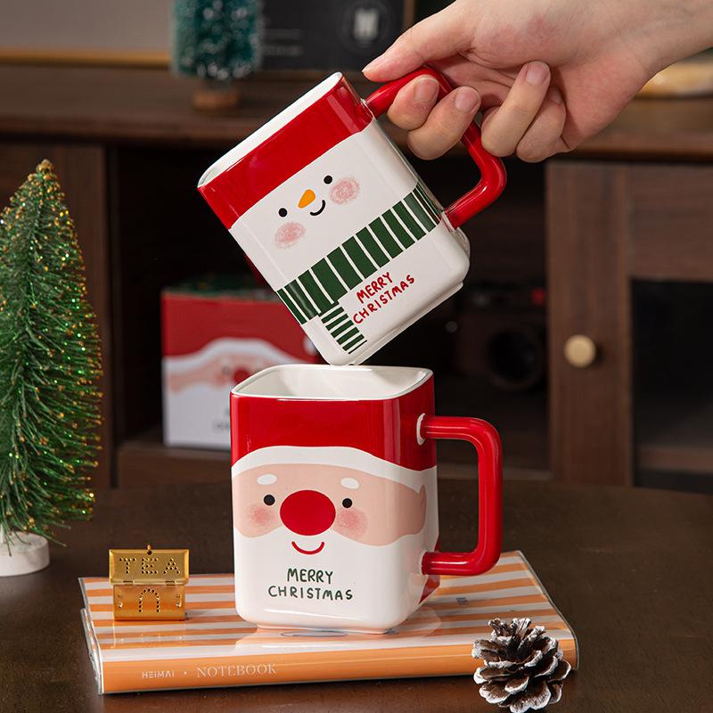 Square Cup Santa Claus, Christmas Snowman Ceramic , Creative Cartoon Coffee Mug, Christmas Gift