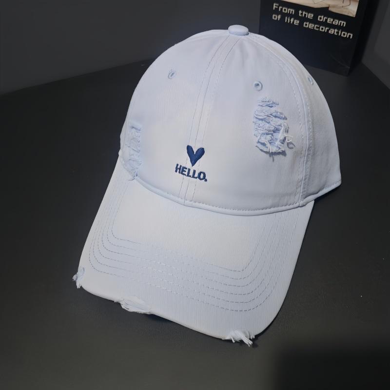 Love Embroidery Ripped Baseball Cap Women's Wide Brim Showing Face Small Versatile Cap Soft Top Big Head Circumference Deep Top Hat