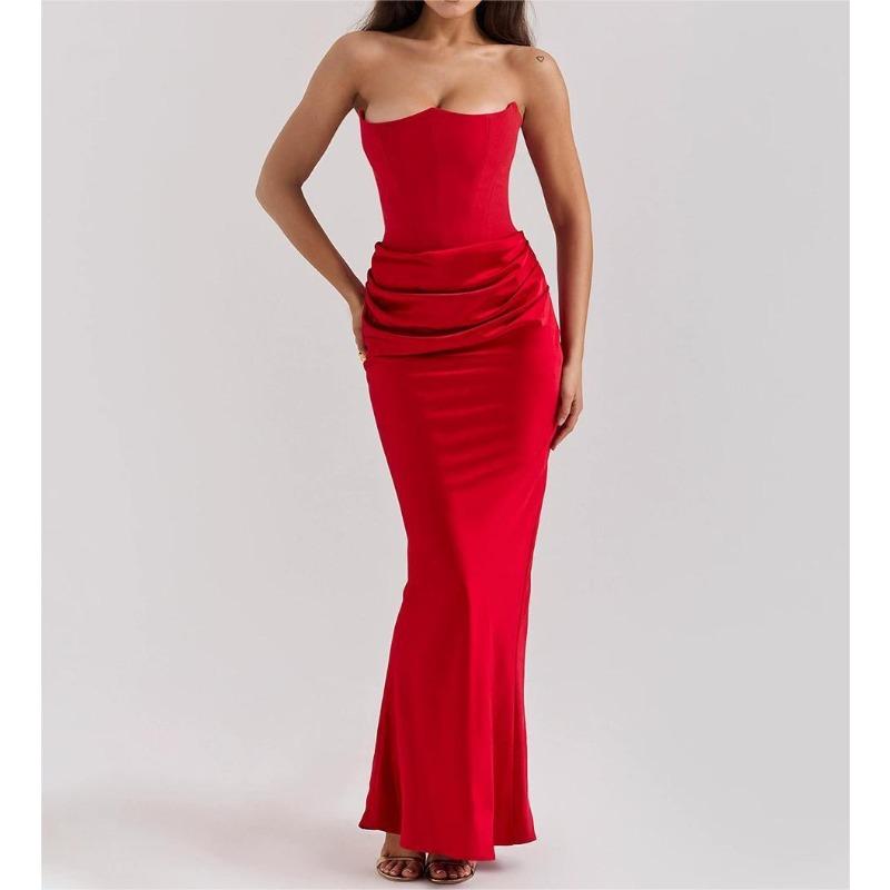 women's Solid Color Strapless Ruched Bodycon Maxi Dress Sexy Sleeveless Evening Party Mermaid Gown