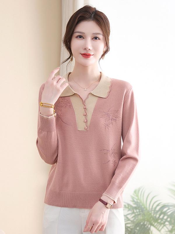Mom's Autumn Knit Lapel Sweater Set – Long-Sleeve Top, Small Size for Middle-Aged & Elderly Women