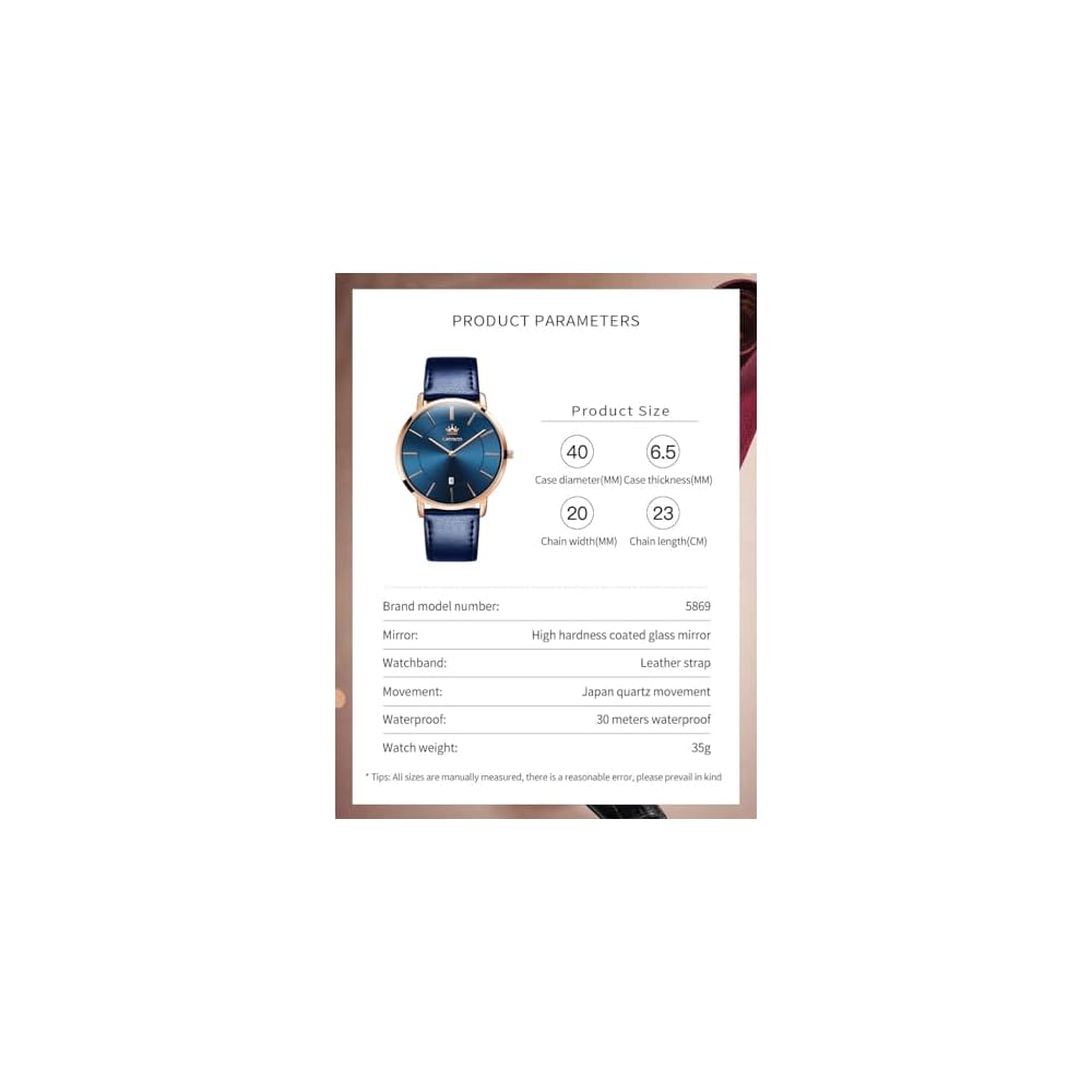 Men's Ultra-Thin 6.5mm Casual Business Watch Japanese Quartz Movement 40mm Leather Band