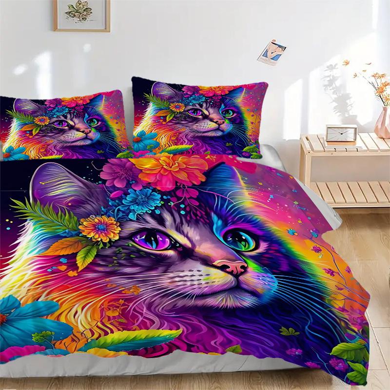 3pcs Multicolored Cat Quilt Set Cartoon Themed Bed Quilt Set Lovely Character Bedroom Decor Bed Quilt