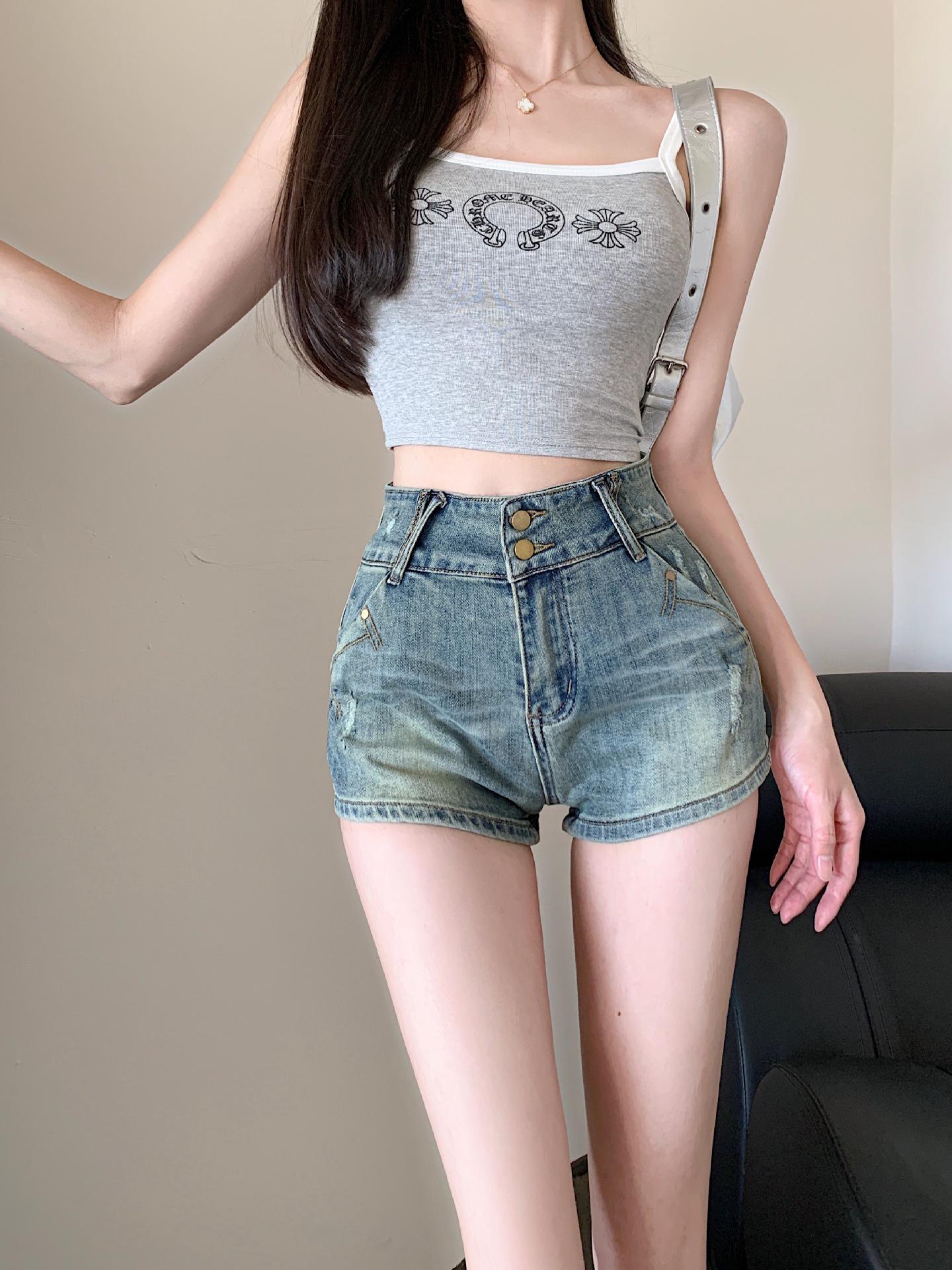 

2025 Ретро Вываренные Стрейч Джинсовые Шорты - Супер Короткие, Облегающие Горячие Шорты для Лета L светло-синий