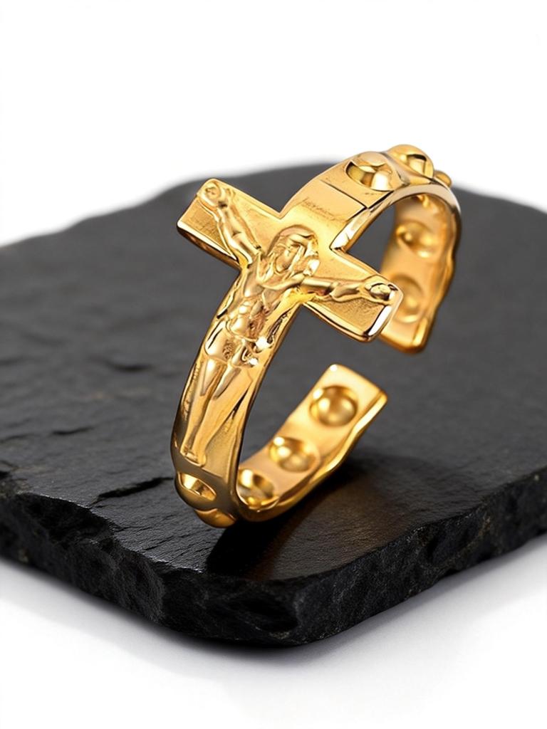 Offener Kreuzring für Männer, Edelstahl Schwarz/Gold/Silber Farbe Jesus Kruzifix Verstellbares Band, Punk Glaubensschmuck Geschenk