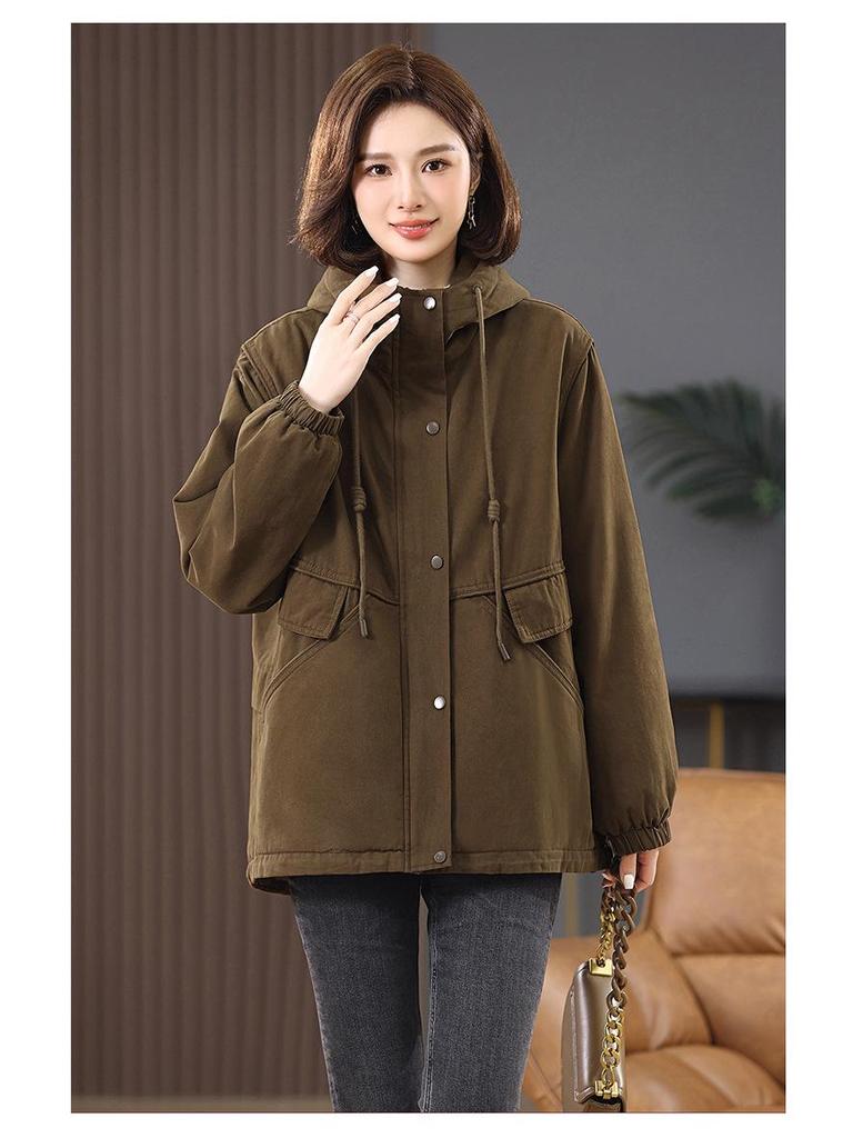 Women's 2024 Mid-Length Hooded Cotton Parka - Fleece-Lined, Solid Color, Casual Loose Fit, Winter Coat