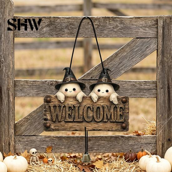 Handmade Retro Wood Craft Halloween Wooden Welcome Hanging Sign, Vintage Farmhouse Door Hanger with Skeleton Pumpkin Rustic Holiday Sign Ghost,