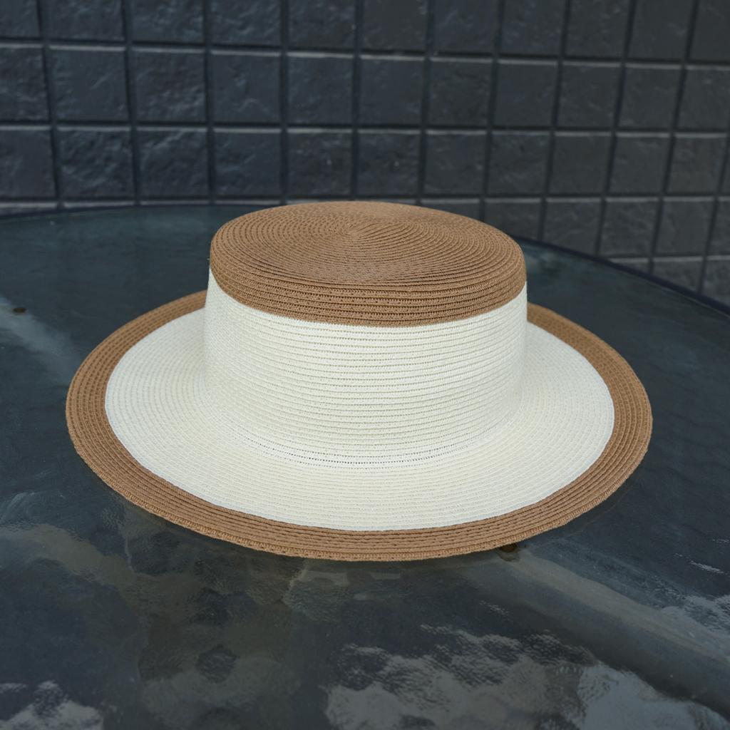 French Retro White Khaki Flat Top Top Hat Women'S Summer Sunshade Vacation Beach Outing Straw Hat Wide Brim Contrasting Colors