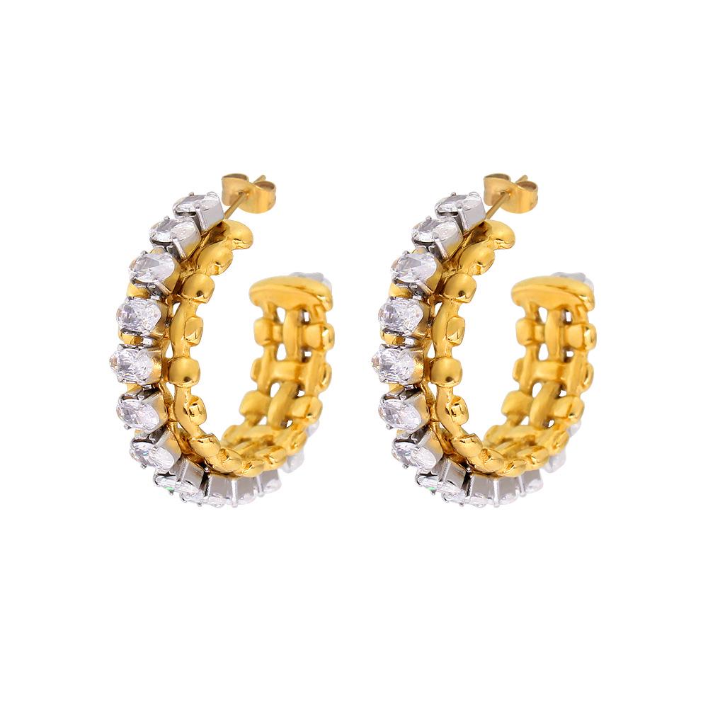 Elegant Rhinestone Inlaid Titanium Steel 18K Gold Hoop Earrings - Hong Kong Style Fashion Studs