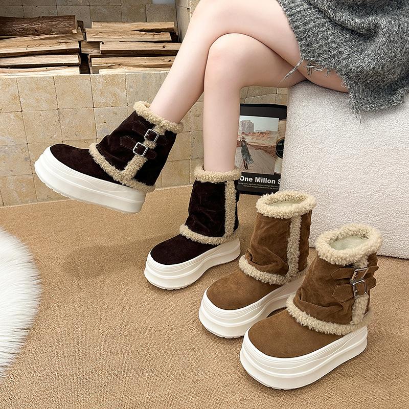 Women's Soft Elastic Mid-calf Thick Sole Winter Fur One Warm Cold Padded Snow Boots Non-slip Wear Casual Sports Pants Tube Boots