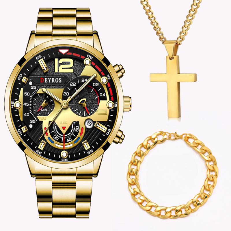 3 stk/sett, 1 stk Herre Quartz Armbåndsur & 1 stk Armbånd & 1 stk Halskjede Sett, Ideelt Valg for Gaver Til Menn