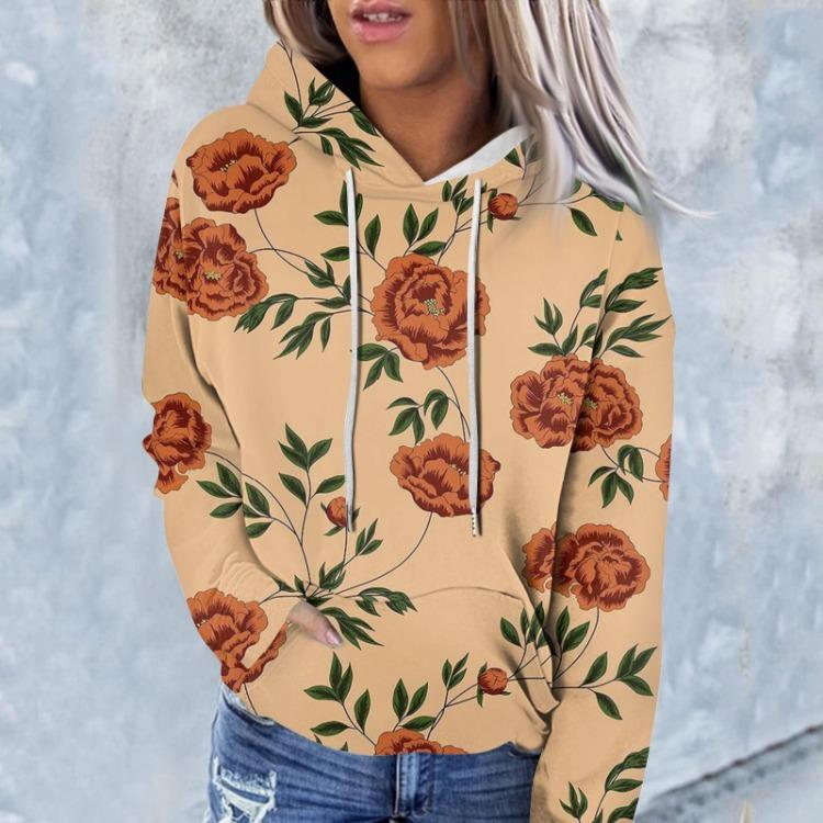 Floral Print Hooded Casual Women's Sweatshirt Fashion Long Sleeve Top
