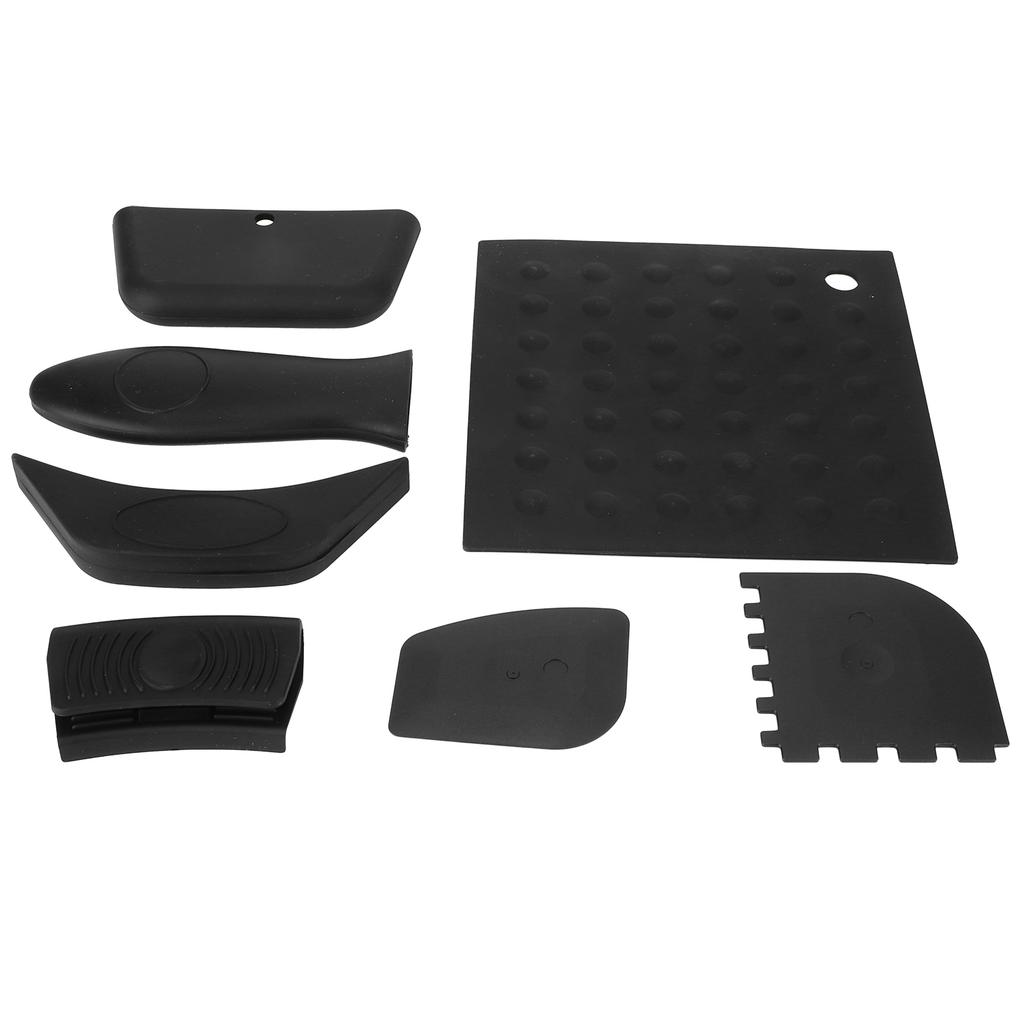 7Pcs Set Pot Holder AntiScald Silicone Grill Pan Scraper Handle Cover Set Kitchen Accessory(Black )
