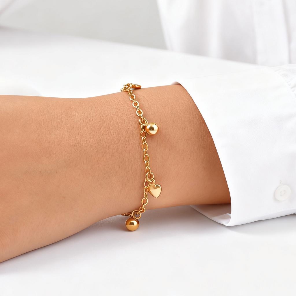 18K Gold Plated Round Beads Heart Charm Bracelet for Women, Stainless Steel Adjustable Bracelets, Dainty Waterproof Jewelry
