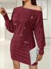 2024 Spring/Summer Women's One-Shoulder Sequin Midi Dress with Long Sleeves