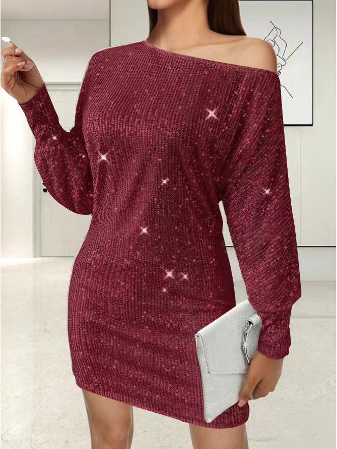 2024 Spring/Summer Women's One-Shoulder Sequin Midi Dress with Long Sleeves