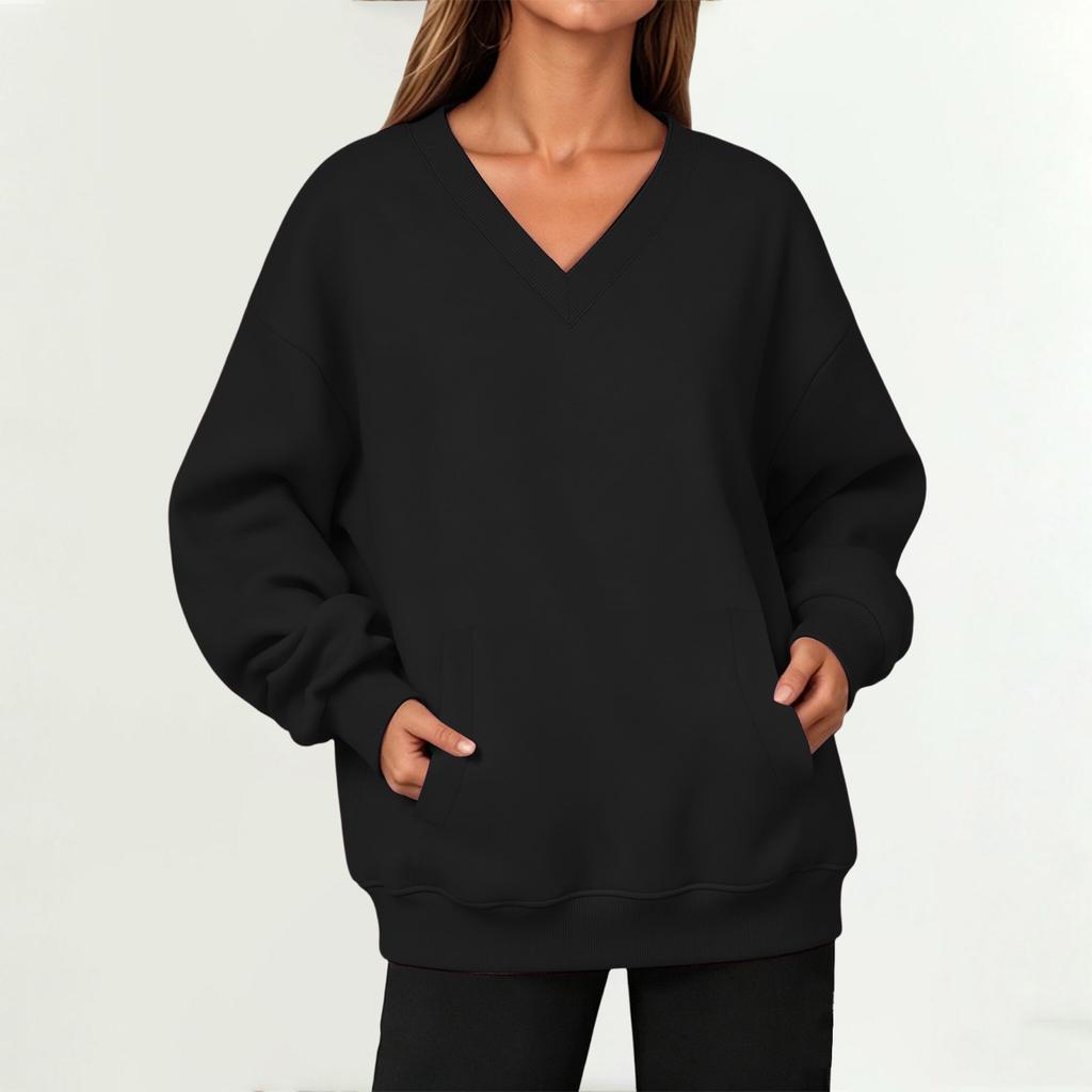 Damen V-Ausschnitt Langarm Pullover Sweatshirt mit Tasche für Herbst und Winter