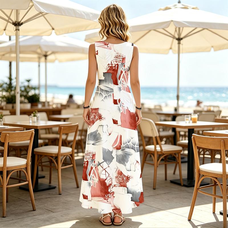 Sleeveless Floor-Length Loose Fit Dress Soft Fabric,Versatile Vacation Style Summer Casual Poolside Long Dress