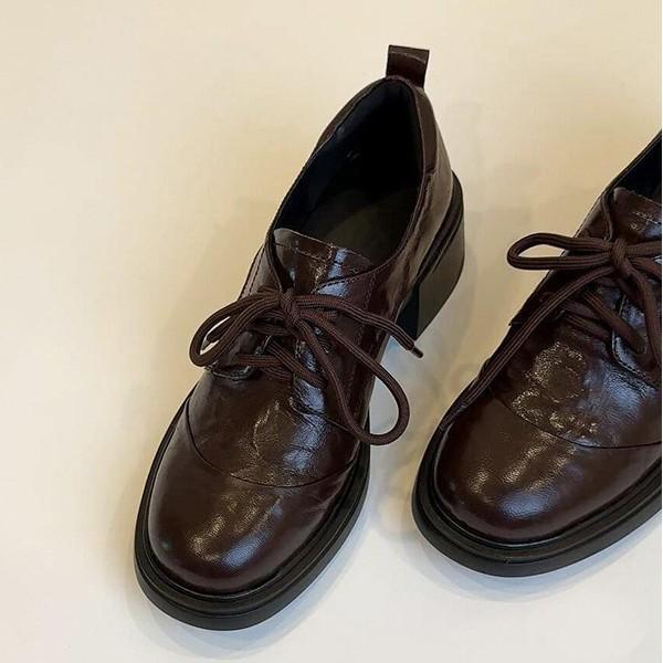 Soft leather version~ British retro soft leather round head lace-up loafers commuting thick heel small leather shoes women's single shoes
