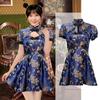 Yi-gog Halloween Chinese-style Dragon and Phoenix Print Cheongsam Short Cheongsam Cosplay Costume for Women, Cute Halloween Costume (L, Navy Blue)