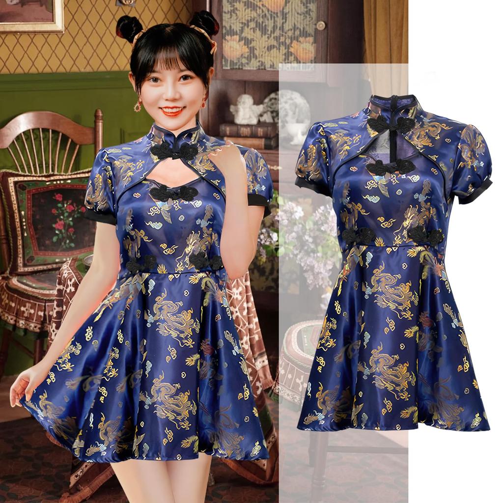 Yi-gog Halloween Chinese-style Dragon and Phoenix Print Cheongsam Short Cheongsam Cosplay Costume for Women, Cute Halloween Costume (L, Navy Blue)