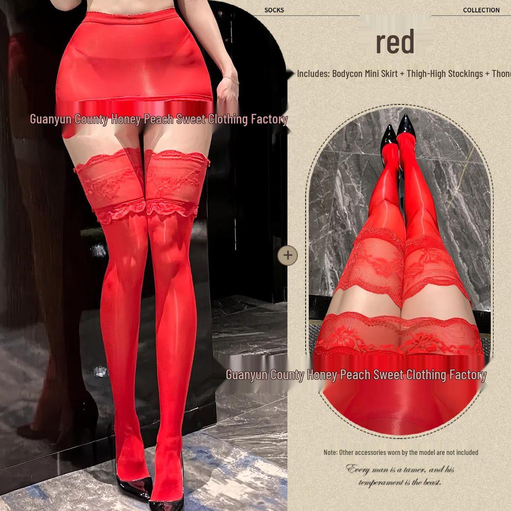 Seductive Sheer Hip-Hugging Miniskirt with Lace Trim and Over-the-Knee Black Stockings