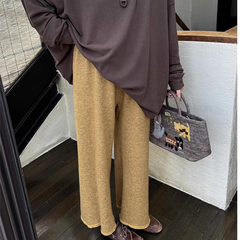 

Owi autumn and winter blend one-piece cut straight nine-point pants loose dense edge foot mouth thin casual pants L