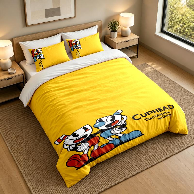 3-Piece Bed Sheet Set with Cuphead Design, 1 Flat Sheet and 2 Pillowcases for Bedroom