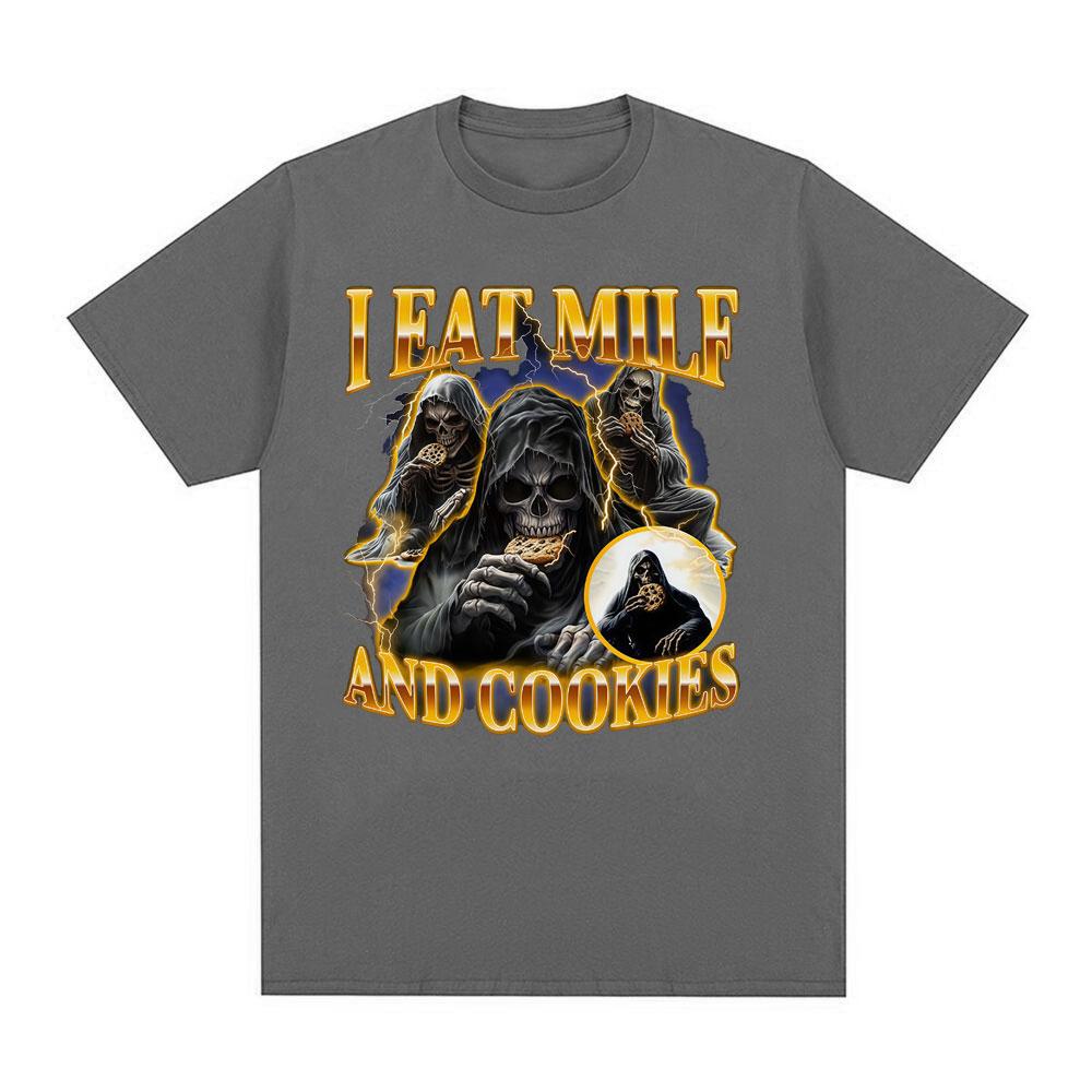 I Eat Milf and Cookies Skeleton Fun Meme Pattern Tshirt New Hot Selling Mens Womens Casual Cotton Fashion Tshirt Top